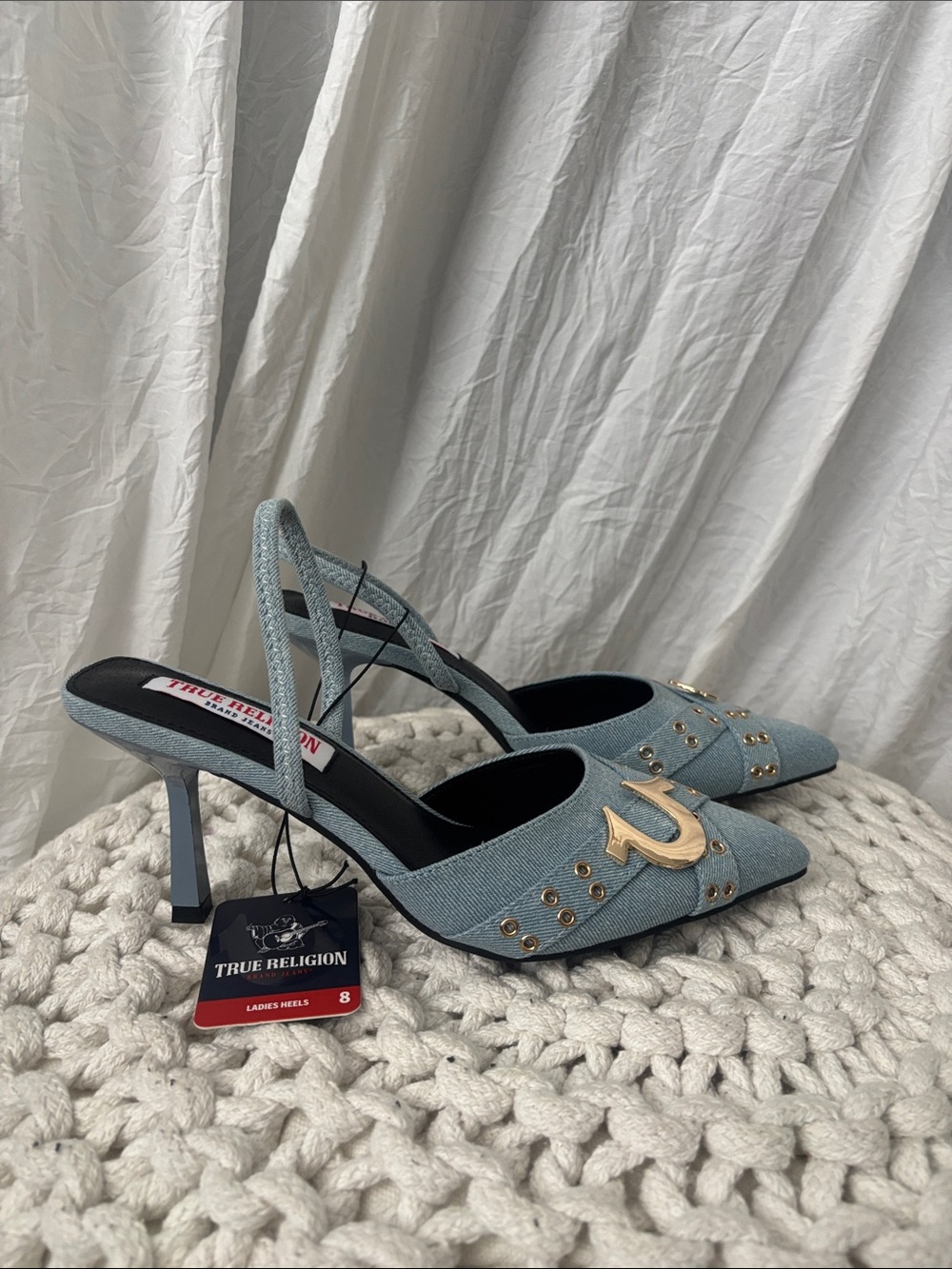 True Religion Light Blue Denim Pointed Slingback Mules with Gold Hardware - Picture 8 of 11